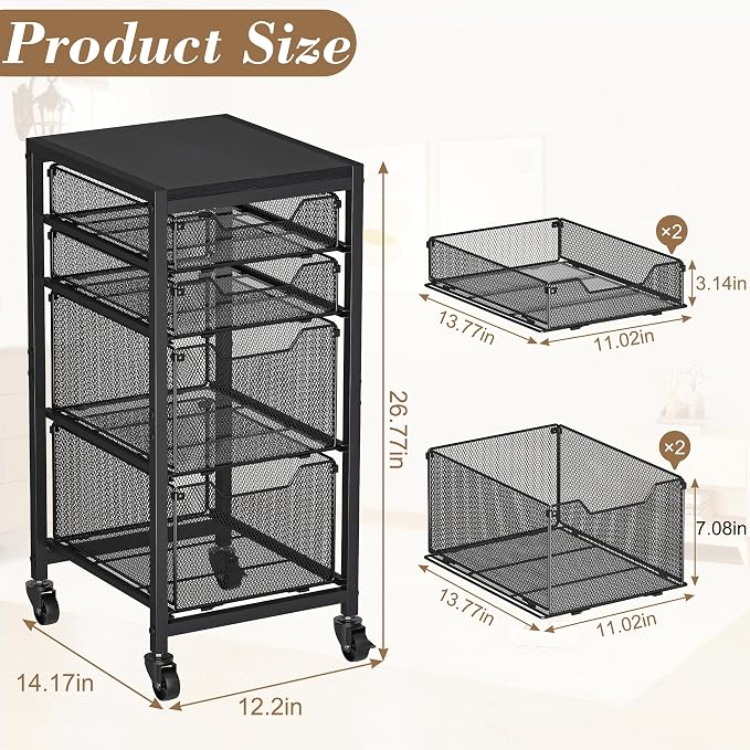 Slim Rolling Storage Cart with Drawers, Under Desk Storage with Wooden Tabletop & Lockable Wheels, 4-Tier Storage Drawers for Bathroom, Craft, Office, Black