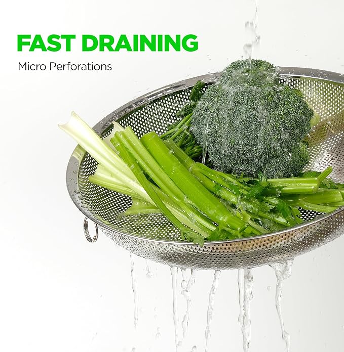 Shallow Stainless Steel Colander Set of 3 – Micro-Perforated Tray Strainers for Berries Vegetables Fruit, 18/8 304 Low Profile (2, 3, 4 Qt) Self-Draining Base, Dishwasher Safe, Made in Korea