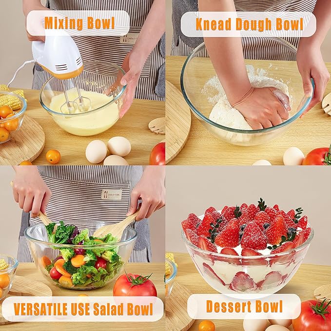 Glass Salad Bowl With Lid, 4.7 Quart Large Glass Mixing Bowls Serving Bowls With Bamboo Utensils, 10.7Inch Trifle Bowl for Salad, Pasta, Dessert Display Cake, Microwave Safe
