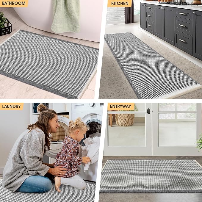 IM HOME Waffle Bath Mat Darkgrey & Cream 24"x17",Boho Woven Modern Bath Mat Rugs, Absorbent Non Slip Bathroom Rugs, Soft Washable Bath Rugs with Tassels for Bedroom, Kitchen, Shower, Tub