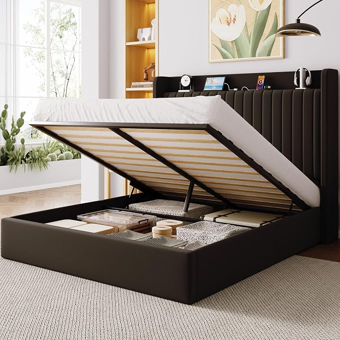 Allewie Full Lift Up Storage Hydraulic Bed Frame,Charging Station,Black | Storage Shelf Headboard with Charging Station,Type-C,USB Ports,Hydraulic Support,Velvet Upholstered,No Box Spring Needed
