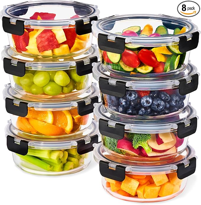 Sorbus Glass Meal Prep Containers Set – 8 Round 32oz Containers with Airtight Lids – Freezer, Dishwasher, Oven Safe – Reusable Food Storage Bowls