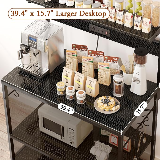 SUPERJARE Bakers Rack with Power Outlets, Microwave Stand, 39.4 X 14.3 Inch Larger Desktop, Kitchen Storage Rack with Adjustable Middle Shelf, 6 S-Shaped Hooks, Coffee Bar Stand, Black