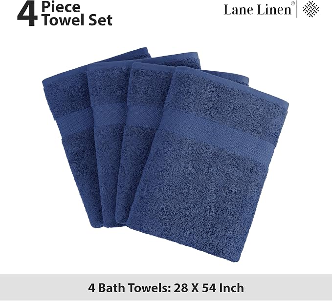 LANE LINEN Towel Set for Bathroom 4 Piece Soft Absorbent Quick Dry - Navy | Towels And Washcloths Sets - Oversized & Roomy, Lightweight & Breathable, Fade-Resistant Color, Classic Terry Weave