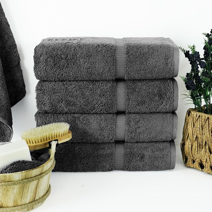 Chakir Turkish Linens 4 Piece Bath Towel Set, 100% Cotton Luxury Turkish Towels for Bathroom, Soft Absorbent Bath Towels, 27 x 54 Inches, Dark Gray