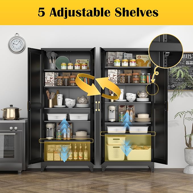 SteeLoong 75”Metal Pantry Storage Cabinet with Doors & 5 Adjustable Shelves | Kitchen Pantry Cabinet,Black Kitchen Cabinet with 2 Gold Handles,Tall Cabinet for Livingroom,Pantry, Bathroom,Kitchen,Garage