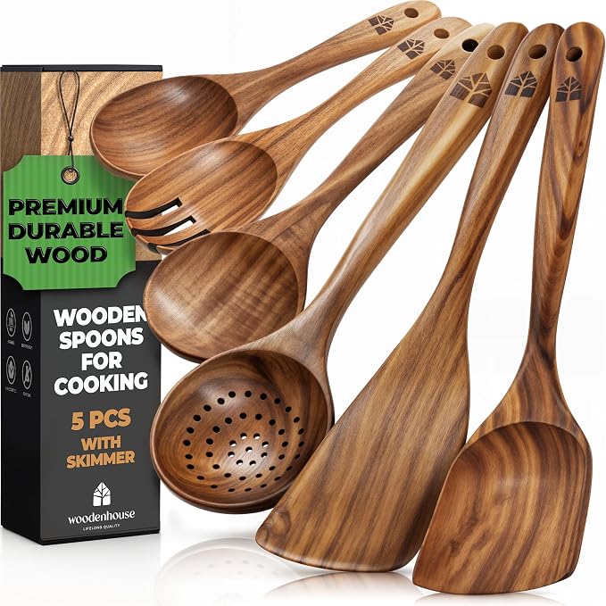 Wooden Spoons for Cooking – Wooden Kitchen Utensils Set, Multipack Teak Wood Utensil Set – Comfortable Grip Non–Stick Wooden Cooking Utensils