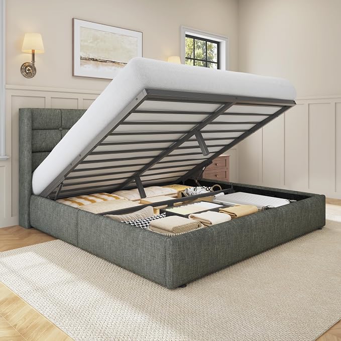 HISOFT Queen Size Lift Up Storage Bed Frame, Linen Upholstered Platform Bed with Wingback Headboard, Heavy Duty Hydraulic Gas Lift Underbed Space, Reinforced Full Metal Slats, Noise Free, Grey