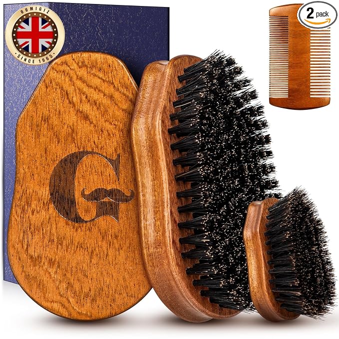 Beard Brush & Comb Set for Men Since 1965 British Craftsmanship | Boar Bristle Beard Brush Set with Large & Mini Pocket Brush, Wooden Beard Comb & Grooming Accessories for Beard Care