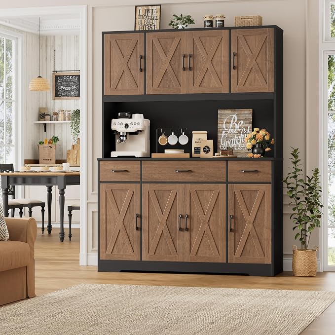 HOSTACK 71" Tall Kitchen Pantry Cabinet, 55" W Kitchen Hutch, Brown/Black | Large Pantry Cabinet with Charging Station / Countertop / 3 Drawers, Farmhouse Hutch Cabinet with Storage for Dining Room