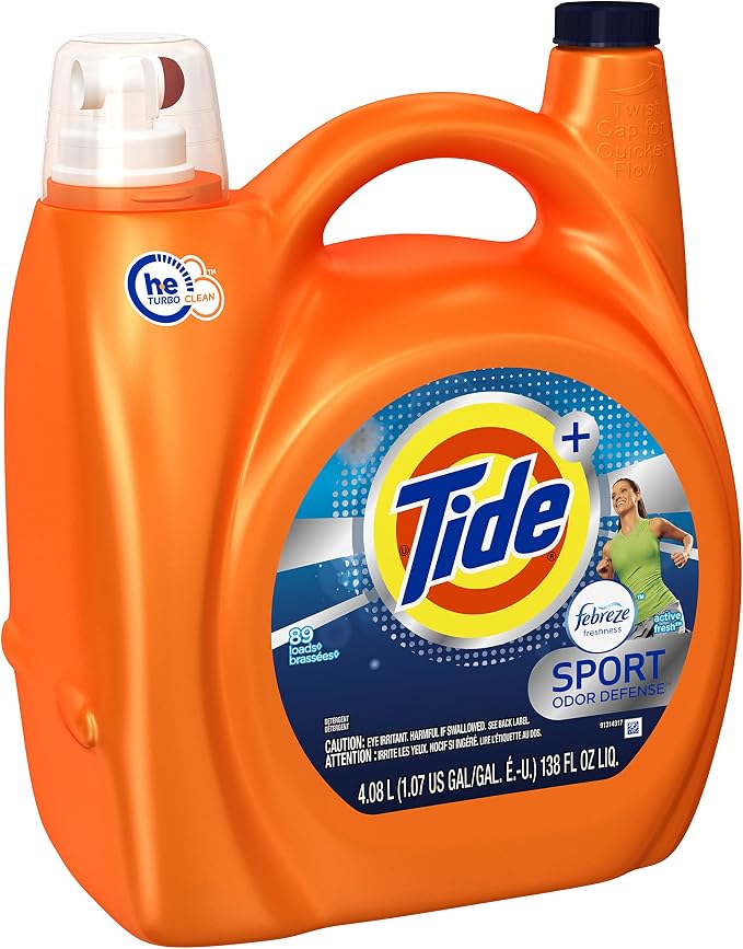 Tide Plus Febreze Fresh Sport Odor Defense HE Turbo Clean Liquid Laundry Detergent, Active Fresh Scent (89 Loads), 138 Fl Oz - Packaging May Vary