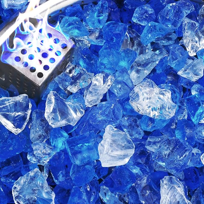 NUPICK 20 Pound Fire Glass, 1/2 Inch Reflective Fire Pit Glass | Tempered Fire Pit Rocks for Propane or Natural Gas, Glass Rocks for Fire Pit Table, Fireplace, Fire Bowl, Blue and White Mix