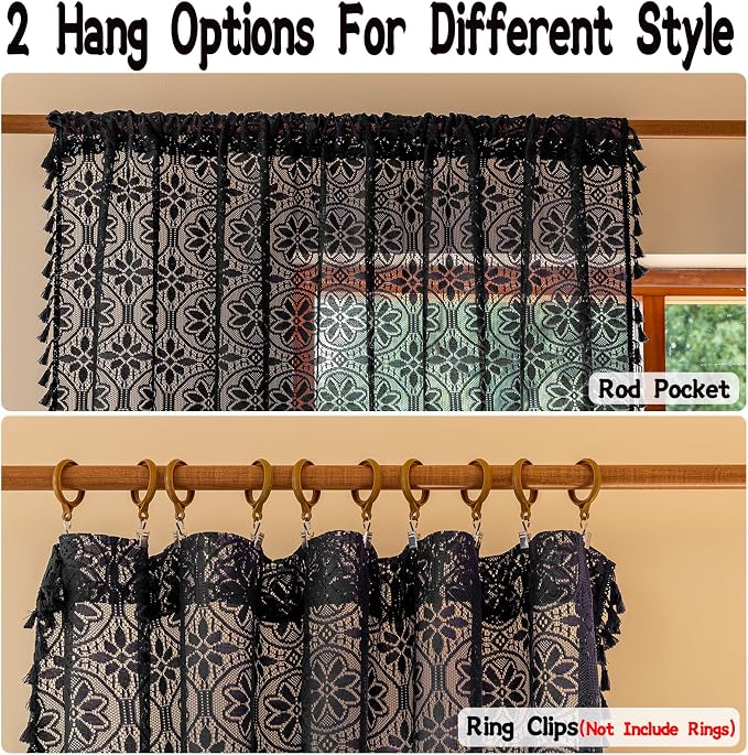 Sutuo Home Black Boho Sheer Curtains 84 inches Long 2 Panel for Living Room | Bohemian Lace Curtains Drape Crochet Light Filtering Farmhouse Decor Vintage Chic Tassels Window Treatments Rod Pocket, 50" W