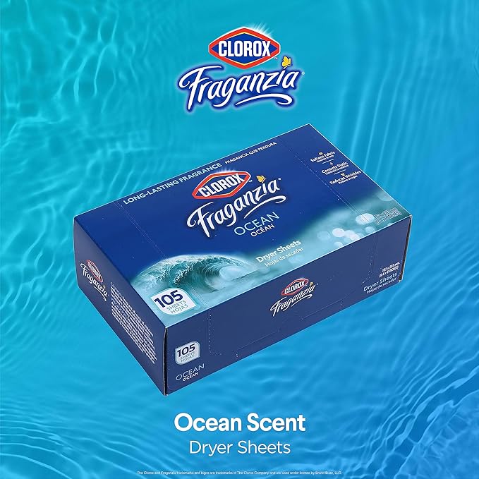 Clorox Fraganzia Fabric Softener Dryer Sheets Wrinkle Reducing Anti Static Laundry Dryer Sheets Great Smelling Clothes Softens Fabrics Fresh Ocean Scent 105 Count Single Box Home Dorm Laundry Room