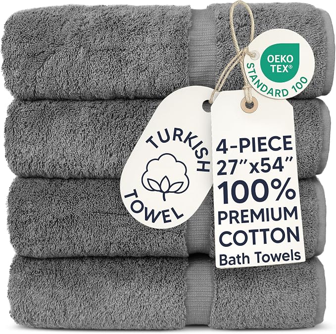 Chakir Turkish Linens 100% Cotton Premium Turkish Towels for Bathroom | 27'' x 54'' (4-Piece Bath Towels - Gray)