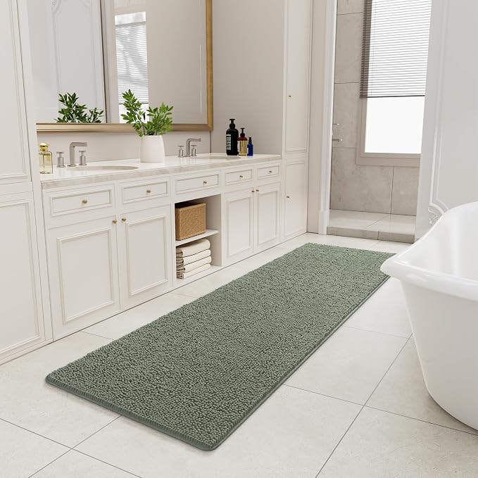 LOCHAS Luxury Bathroom Rug Shaggy Bath Mat 24 x 80 Inch, Sage Green | Washable Non Slip Bath Rugs for Bathroom Shower, Soft Plush Chenille Absorbent Carpets