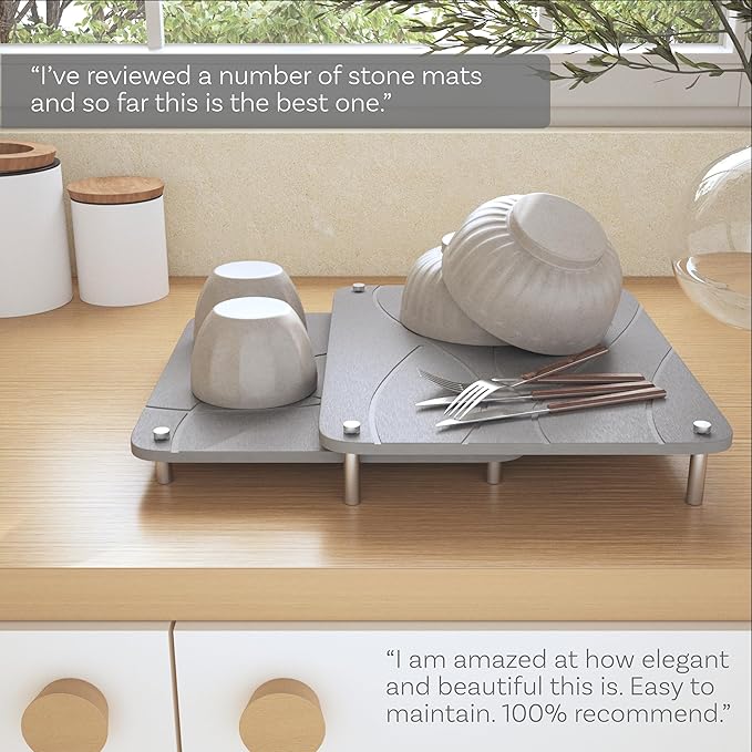 Nested Dish Drying Stone Mat with Bamboo Rack | Large 16"x12" Dish Drying Mat plus 13"x12" Diatomaceous Earth Stone Mat | Expands to 29” x 12” | Premium Stone Mat for Kitchen Counter (Light Gray)
