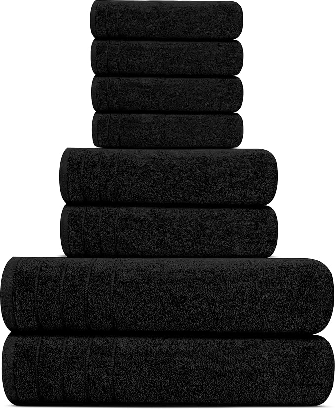 Tens Towels 8 Piece Towel Set, 2 XL Bath, 2 Hand, 4 Washcloth, Black | 100% Cotton, Lighter Weight, Quicker to Dry, Super Absorbent, Perfect for Bathroom