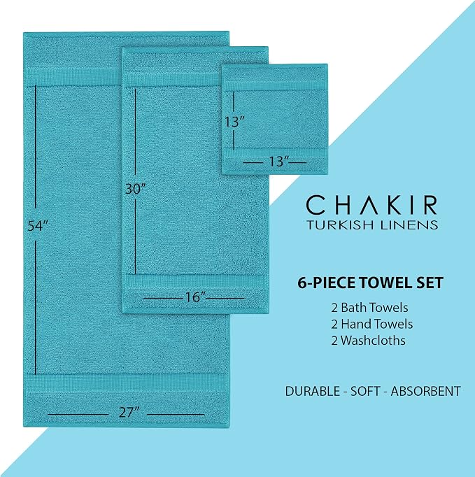 Chakir Turkish Linens 6 Piece Towels Set, 100% Cotton Luxury Turkish Towels for Bathroom, Soft Absorbent Bath Towel Set with 2 Bath Towels 2 Hand Towels 2 Washcloths, Aqua