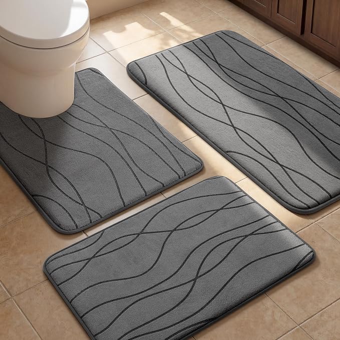 YIHOUSE Memory Foam Bathroom Rug Set, 3 Pieces - Dark Grey (Ultra Soft, Absorbent, Non-Slip, Machine Washable) | Ultra Soft, Absorbent, Non-Slip, Machine Washable, for Bathroom, Sink and Toilet