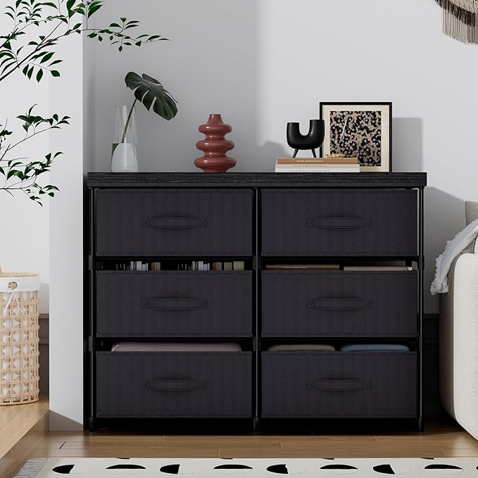GcdPai Dresser with 6 Fabric Drawer Leather Desktop Sturdy Metal Plastic Support Tube Cube Storage Cabinet for Bedroom Organization Dorm Front Hall Entryway