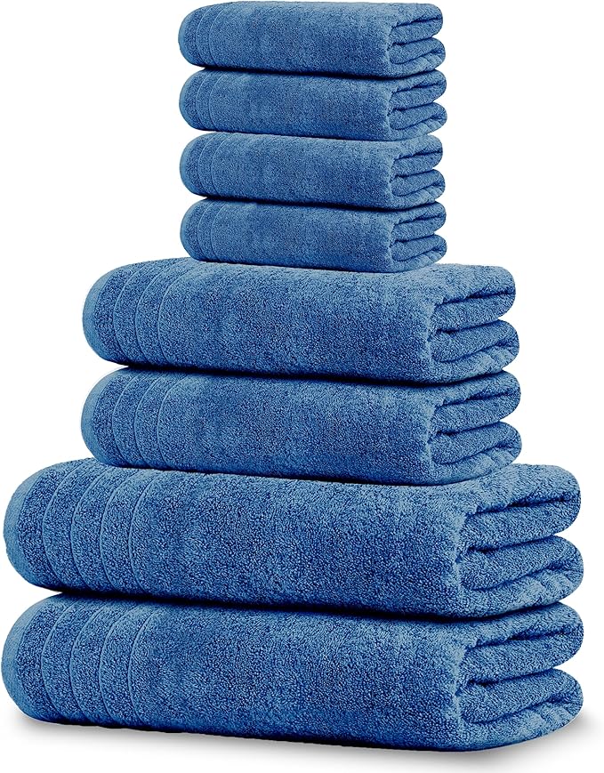 Tens Towels 8 Piece Towel Set, 2 XL Bath, 2 Hand, 4 Washcloth, Blue | 100% Cotton, Lighter Weight, Quicker to Dry, Super Absorbent, Perfect for Bathroom