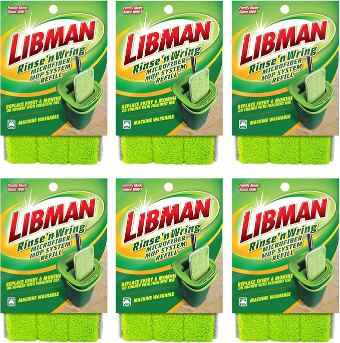 Libman Rinse 'n Wring Mop and Bucket System Refills | Microfiber Floor Mop | Hardwood Floor Cleaner | Wet & Dry Mop | 6 Total Microfiber Refill Pads