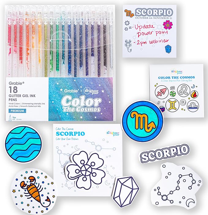 A Brighter Year Large Color The Cosmos Scorpio Bundle - Adult Mini Coloring Book (3" x 3" - 50 Pages), Post It Notes (50-3” x 3”), Stickers, & Gel Pens - Stress Relief, Mindfulness, Gift, Travel