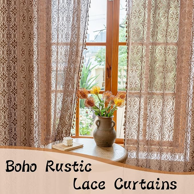 Sutuo Home Boho Floral Curtains 2 Panels for Kitchen Bedroom, Cottagecore Lace Sheer Curtains Bohemian Drape Crochet Vintage Tassels Privacy Window Treatments Rustic Rod Pocket, 50" x 63" Dark Coffee