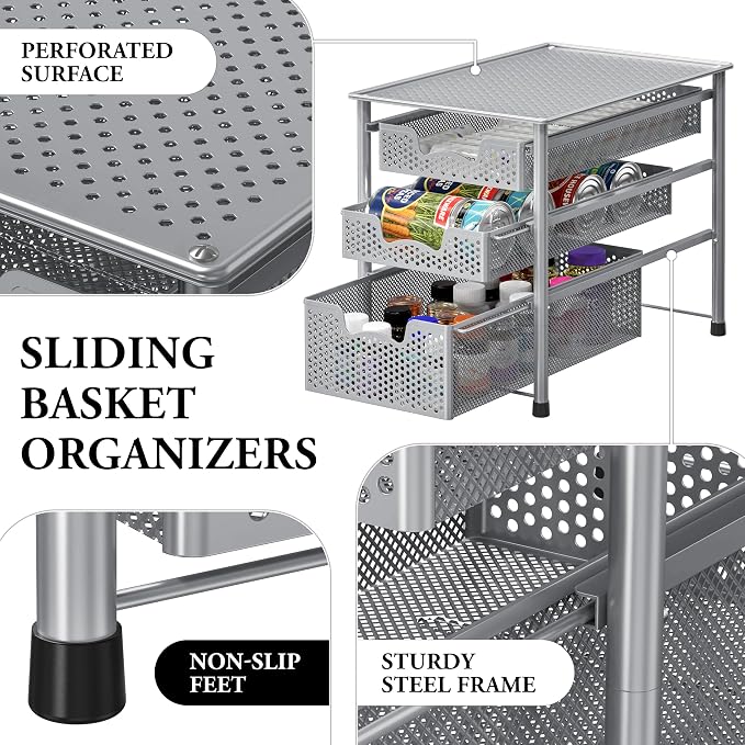 Simple Houseware Stackable 3 Tier Sliding Basket Organizer Drawer, Silver