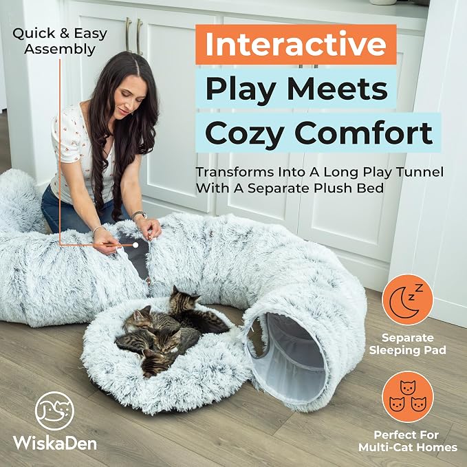 WiskaDen XL Plush Cat Tunnel Bed with Toy and Elderly Feline Access. 3-in-1 Light Grey Fluffy Donut Cushion. Circle Tube for Indoor Cats Leisure, Hiding Spot, Dog Bed, or Rabbit Cave