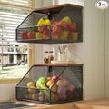 Stackable Fruit Basket for Kitchen Countertop Space Saving, Wall Mounted Mesh Metal Wire Basket with Wood Lid Extra Storage, 2 Pack Kitchen Counter Organizer for Snack, Onion and Potato Storage, Black
