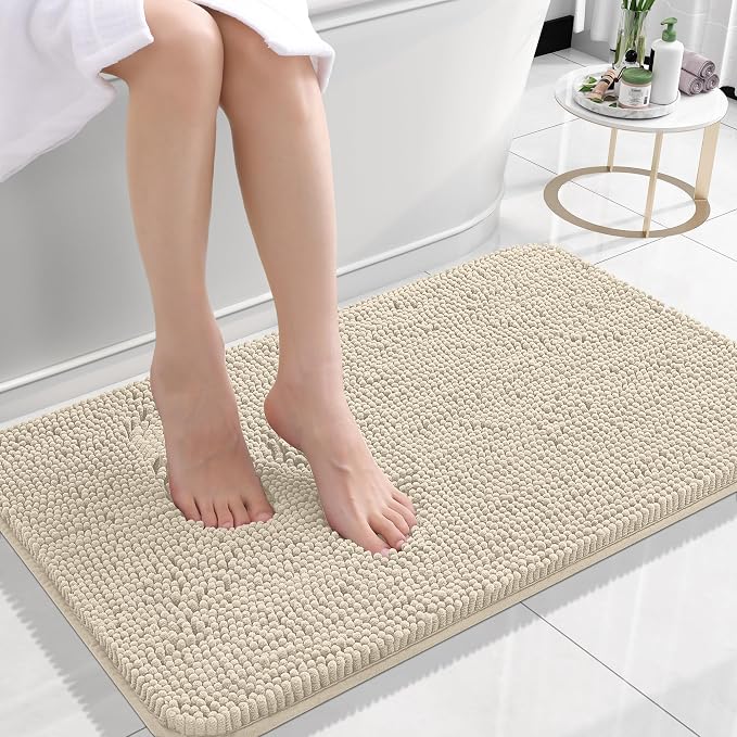 OLANLY Small Bathroom Rugs 24x16, Extra Soft Absorbent Chenille Bath Rugs, Rubber Backing Quick Dry, Machine Washable Bath Mats for Bathroom Floor, Tub and Shower, Home Decor Accessories, Sand