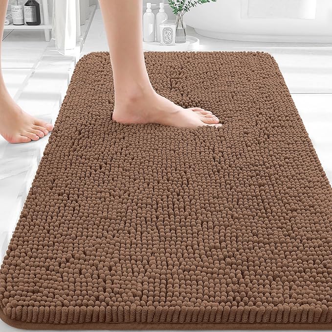 OLANLY Bathroom Rugs 32x20, Extra Soft Absorbent Chenille Bath Rugs, Rubber Backing Quick Dry, Machine Washable Bath Mats for Bathroom Floor, Tub and Shower, Home Decor Accessories, Mocha