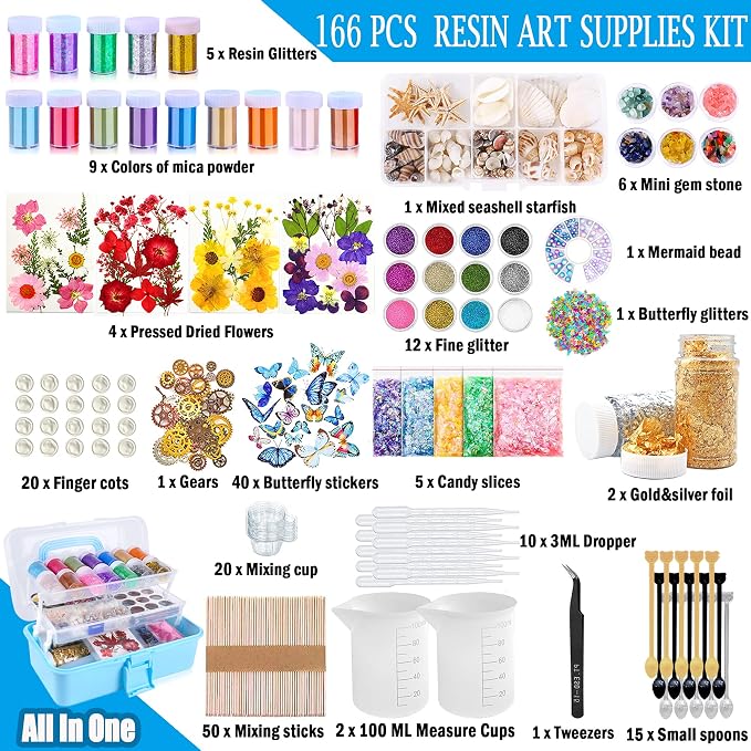 Myzzxt Resin Decoration Accessories Kit,Supplies Kit for Beginner,with Dried Flowers,Butterfly Stickers,Mica Powder and Fillers,Measuring Cups Tool Kit,for Resin Jewelry Making