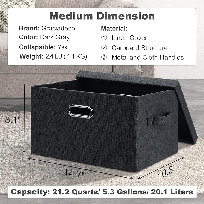 Graciadeco Medium 15" 21 Quart Collapsible Stackable Storage Bins with Lids, 3 Packs Dark Grey Foldable Fabric Closet Boxes Heavy-duty Linen Cube Baskets Container for Bedroom Office (15 x 11 x 8)