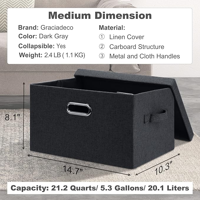 Graciadeco Medium 15" 21 Quart Collapsible Stackable Storage Bins with Lids, 5 Packs Dark Gray Foldable Fabric Closet Storage Boxes with Lids, Lidded Heavy-duty Linen Baskets(15x11x8)