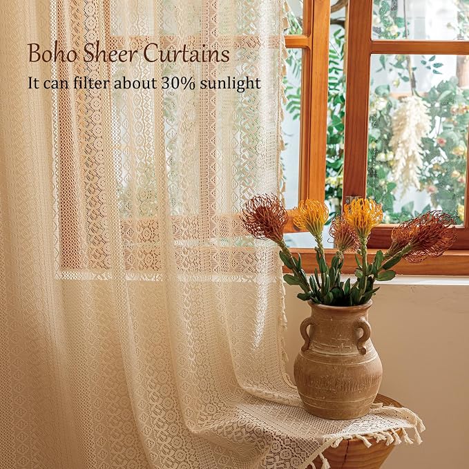 Sutuo Home Beige Boho Lace Curtains 84 inches Long,Crochet Macrame Bohemian Drape Farmhouse Vintage Chic Tassels,Cream Sheer Window Curtains for Living Room&Bedroom Decor Rod Pocket, 2 Panels 50" W