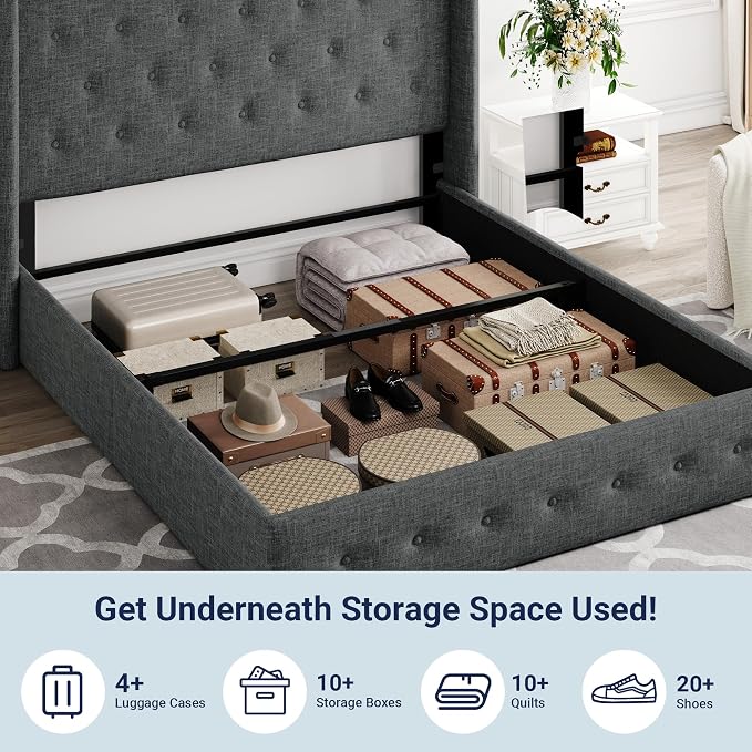 Allewie Queen Size Lift Up Storage Button-Tufted Bed Frame Dark Grey | Modern Wingback Headboard, Hydraulic Support Storage, No Box Spring Needed