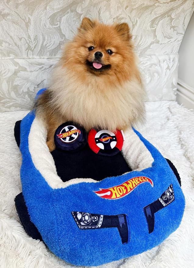 Megatoys Hot Wheels Plush Car Pet Bed – Themed Blue Car Design for Dogs and Cats with Toy Steering Wheel and Tire