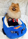 Megatoys Hot Wheels Plush Car Pet Bed – Themed Blue Car Design for Dogs and Cats with Toy Steering Wheel and Tire