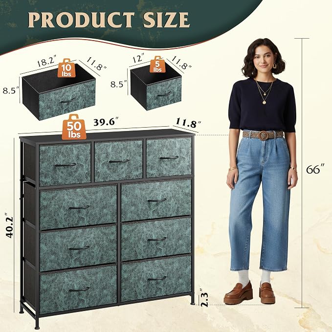 WLIVE 9 Drawer Dresser, Fabric Storage Tower for Bedroom, Hallway, Closet, Tall Chest Organizer Unit for Bedroom with Fabric Bins, Steel Frame, Wood Top, Easy Pull Handle, Vintage Green