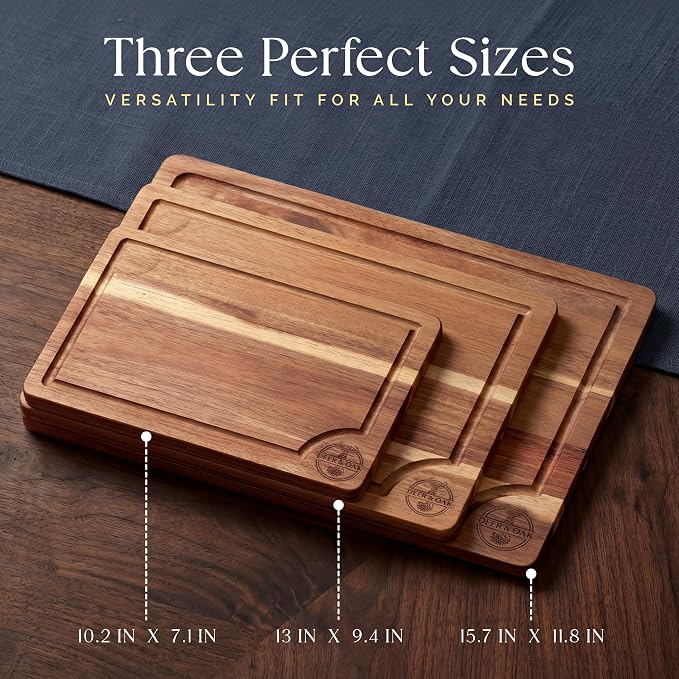 Pre-Oiled, Non Toxic 3-Piece Acacia Cutting Board Set with Stand | 15.7 x 11.8 in, 13 x 9.4 in, 10.2 x 7.1 in · FSC certified · Includes 3.4 fl oz oil · Deer & Oak