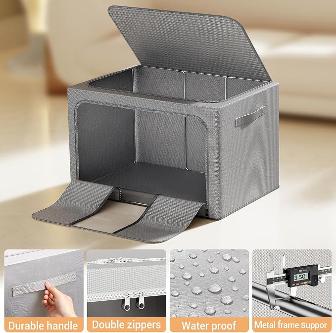 Clothes Storage Bins with Metal Frame, Foldable Clothes Organizers Storage Containers for Clothes, Sheets, Blankets, Pillows and Towels (100L, 3 Pack, Deep Grey)