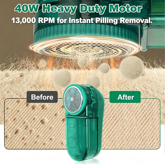 Fabric Shaver for Clothing and Furniture, 40W Commercial Corded Lint Remover, 13,000 RPM Clothes Shaver, 12 ft Cable, 5.8 oz Bin, Six-Leaf Blades for Dry Cleaners and Home Use