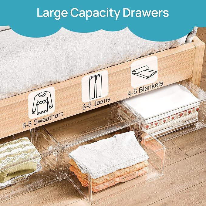 Vtopmart 6 Pack Large Clear Stackable Storage Drawers 23QT, Easily Assemble Plastic Closet Storage Bins, Dust-Proof UnderBed Organizer for Clothing, Sweater Organization