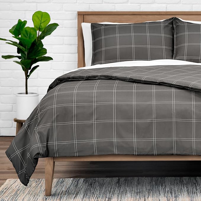 Bare Home Duvet Cover - Extra Long Size Bedding Set - Premium 1800 Super Soft Collection - Lightweight, Cooling - Soft Breathable Duvet Cover (Twin/Twin XL, Modern Plaid - Grey/White)