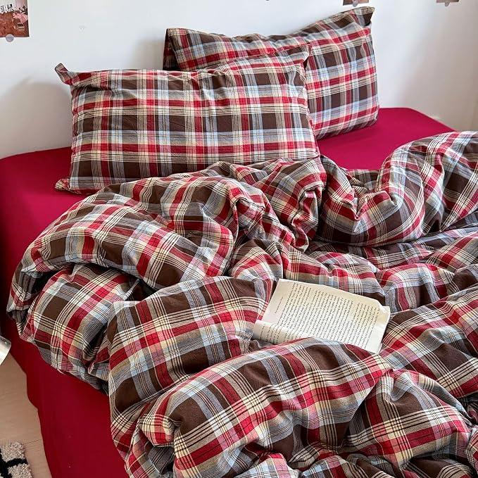 mixinni Vintage Red & Brown Buffalo Plaid Duvet Cover Set Full Size - 3 Piece Washed Cotton Bedding Set with Classic Checkered Pattern, Cozy Farmhouse Duvet Cover with Pillowcases for All Seasons