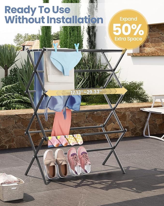 APEXCHASER Oversize Clothes Drying Rack, 3-Tier Drying Rack Clothing, Expandable Metal Laundry Drying Rack, Air Drying Rack, Clothes Rack, No install, 24lb Capacity, 14.9" D x 29.3" W x 39.3" H, Black