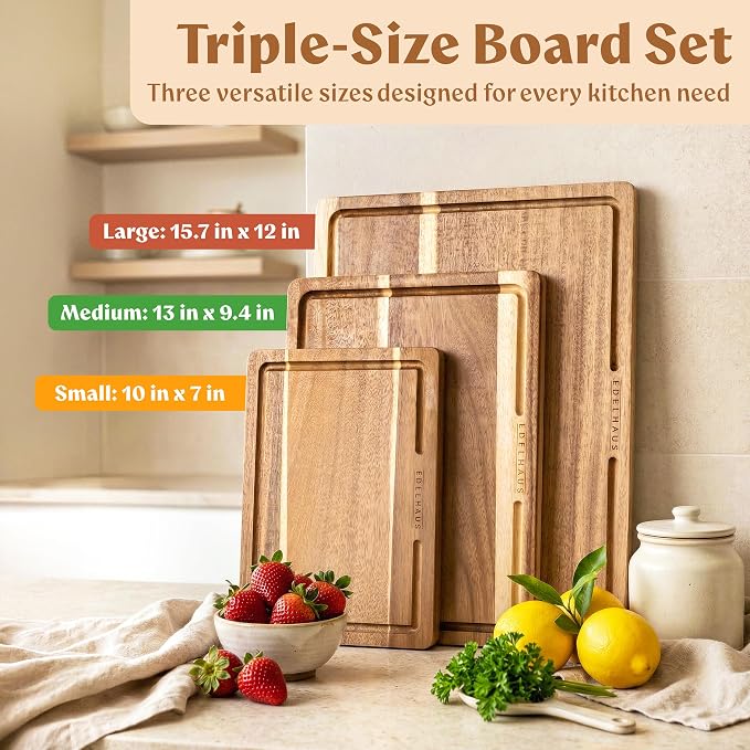 Acacia Wood Cutting Boards for Kitchen Set of 3, Double sided | Non toxic chopping boards: cut one side, serve on the other; FSC wooden, large kitchen boards for charcuterie